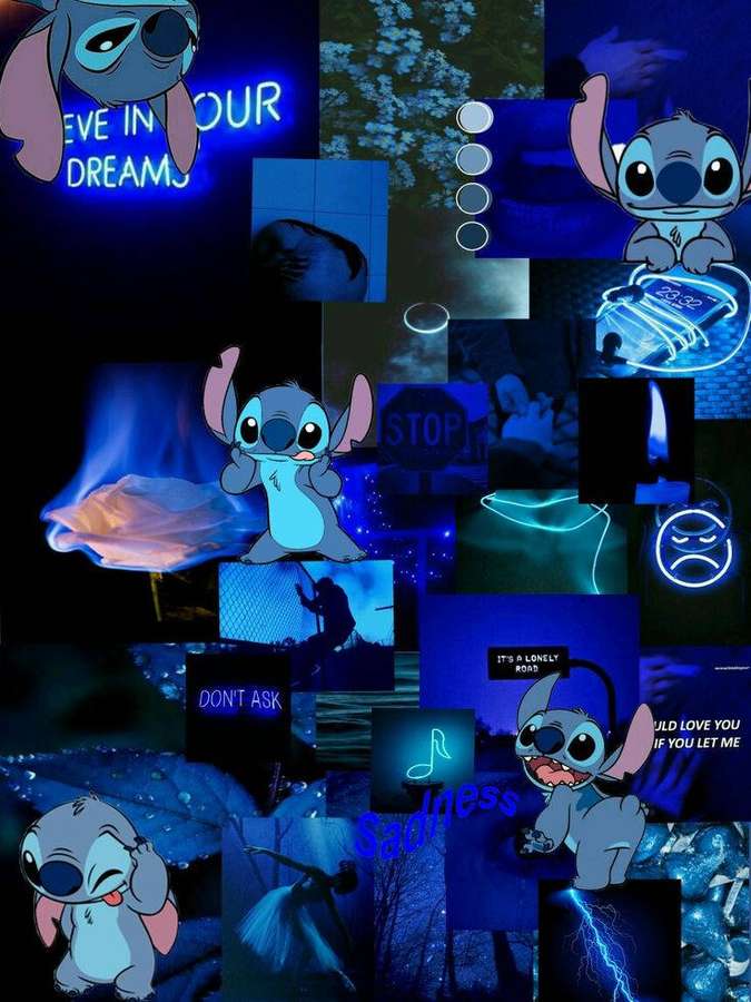 Colagem em tons azuis com Stitch, letreiros de néon e imagens tristes como relâmpagos e uma rosa. — Colagem Stitch Papéis de Parede