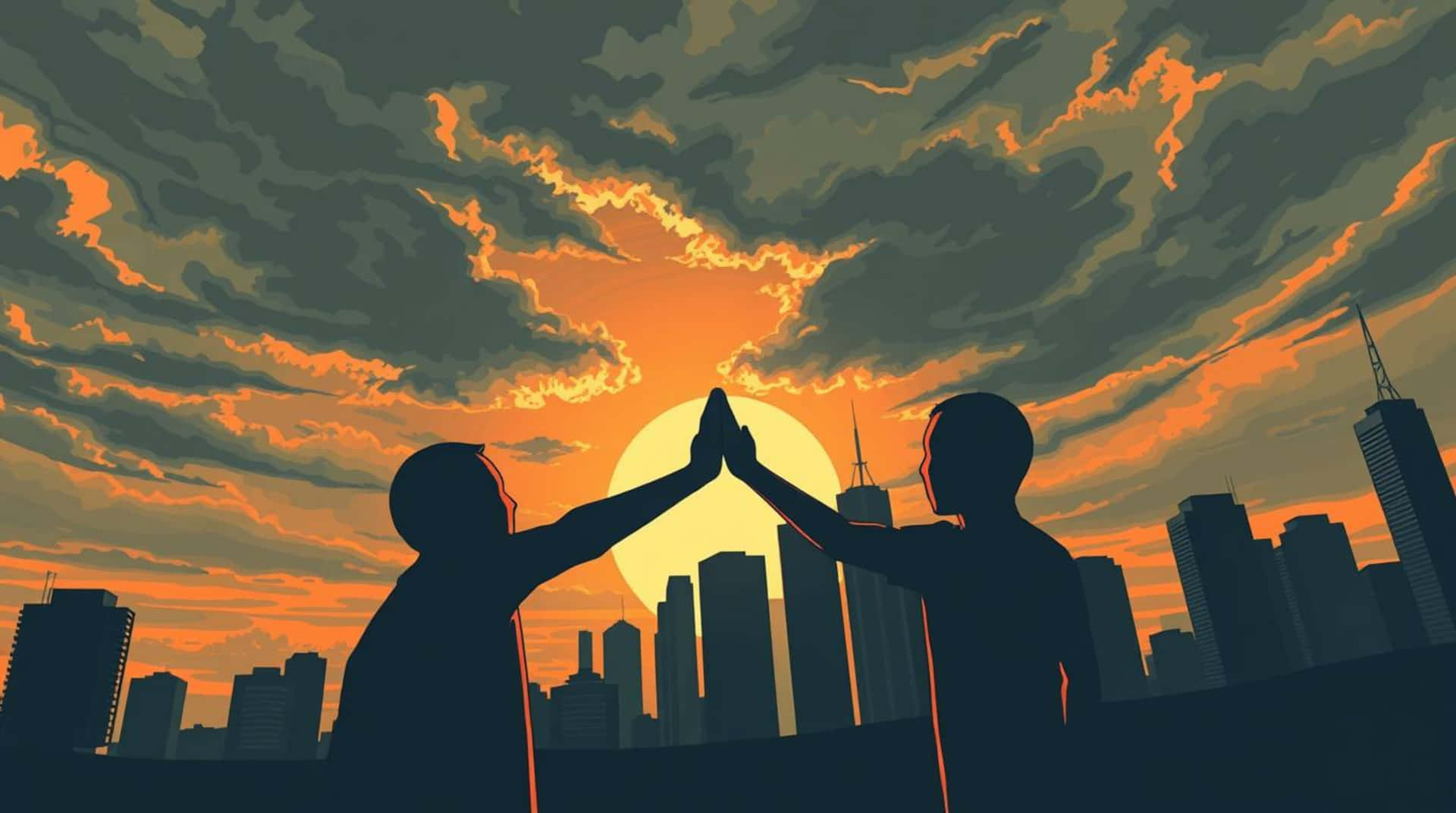 Two people high five in front of a city skyline at sunset. — Collaboration Picture