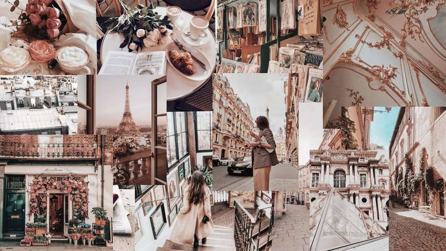 Parisian scenes with roses coffee bookshops and the Eiffel Tower in warm tones. — Collage Aesthetic Computer Wallpaper