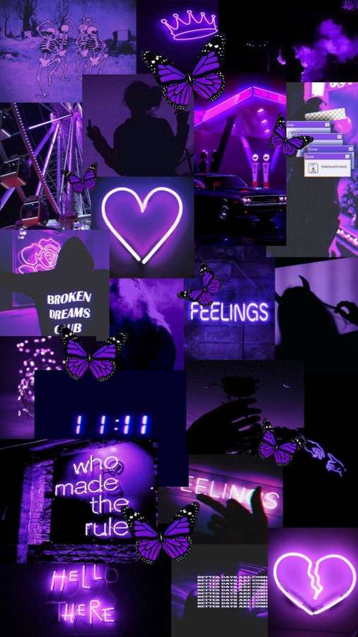 Collage neón morado con mariposas, corazones y frases de texto sobre fondo oscuro. — Collage estético morado Fondos de pantalla