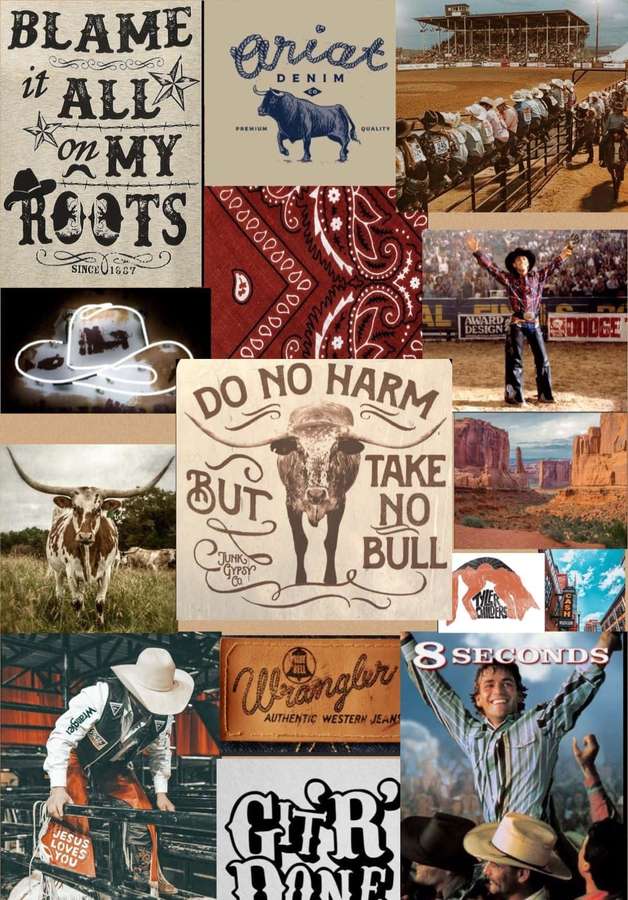 Collage de imágenes vaqueras que incluye escenas de rodeo, branding y motivos occidentales. — Collage Vintage Fondos de pantalla