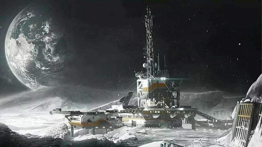 Mondbasis mit sichtbarer Erde am Nachthimmel. — Colonizing The Moon Wallpaper