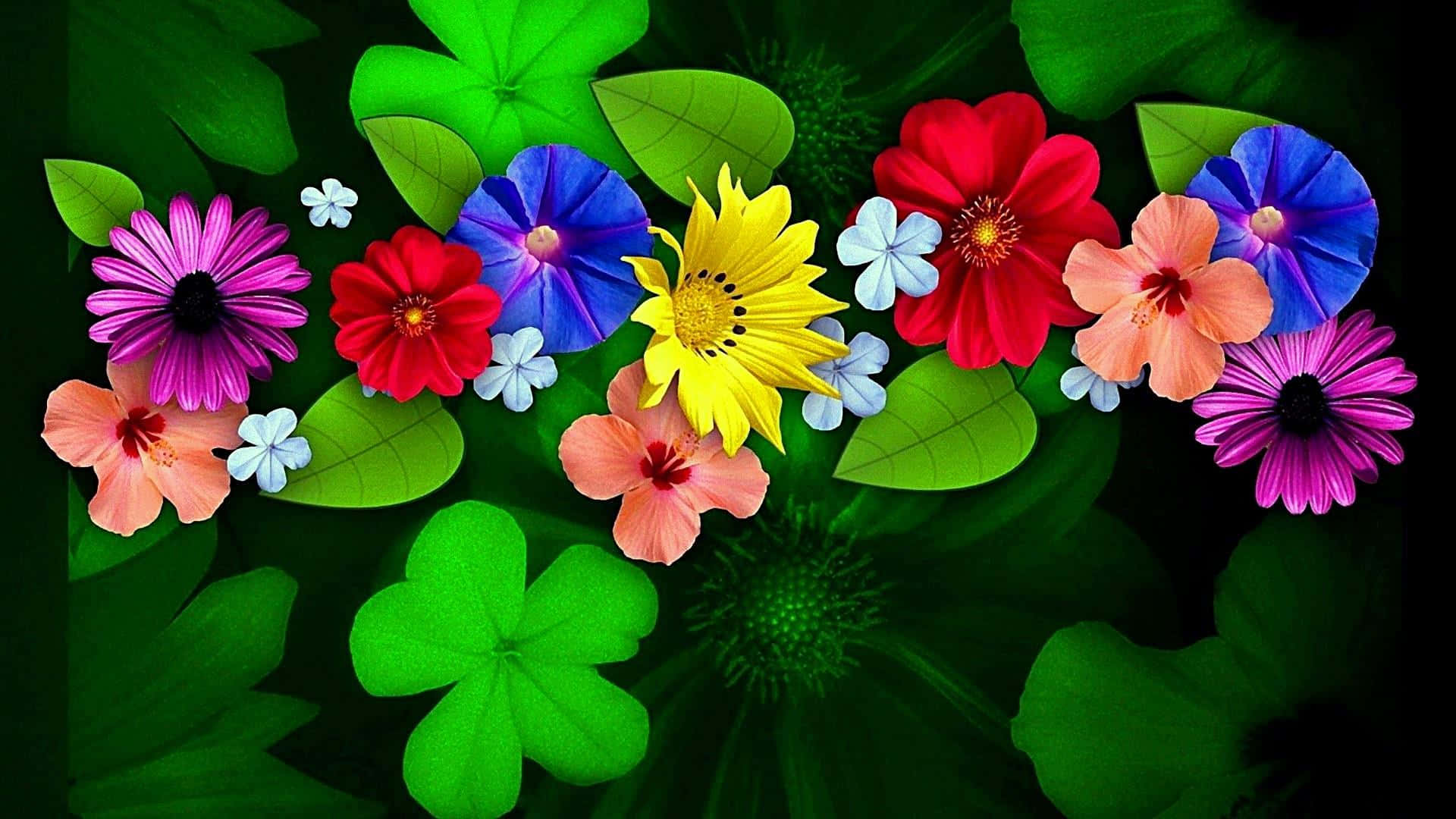 A colorful bouquet of flowers with green leaves against a dark background. — Colorful Flowers Wallpaper