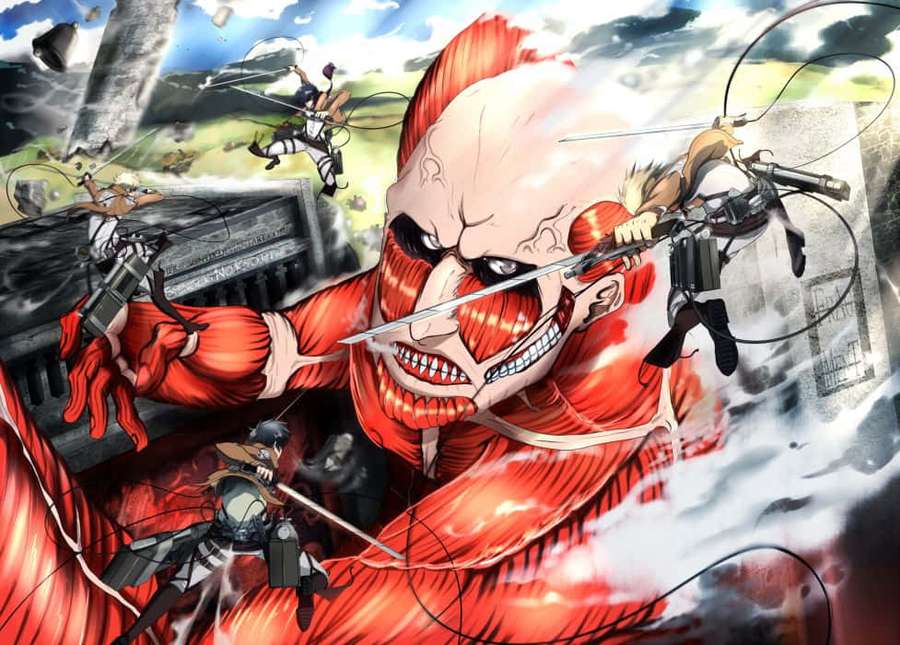 Anime-soldater angriber en kæmpe rød titan med sværd og udstyr i en kaotisk kampscene. — Colossal Wallpapers