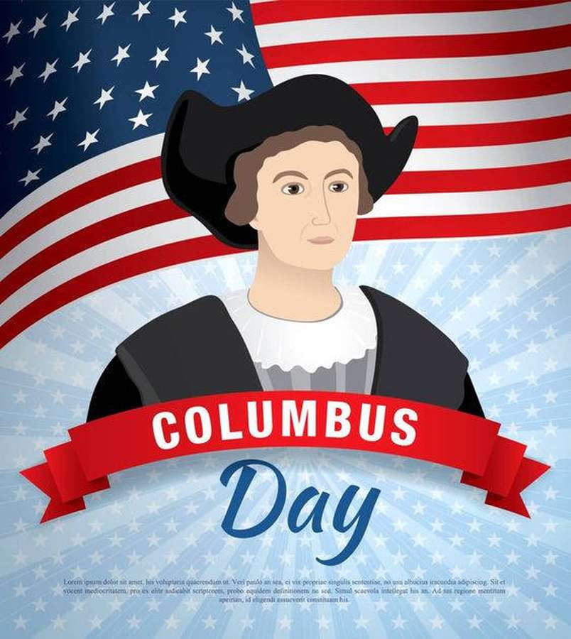 Illustrated Columbus Day poster with portrait and American flag background. — Columbus Day Wallpaper