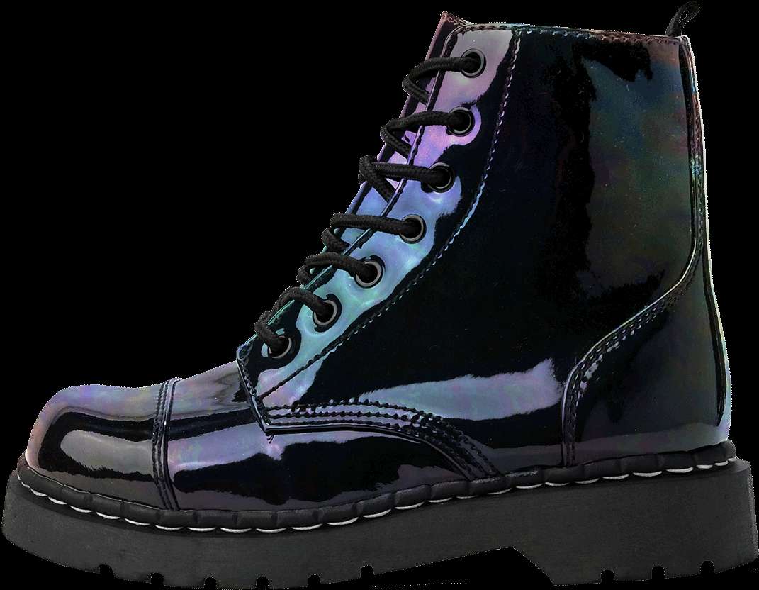 Shiny iridescent combat boot with black laces and white stitching. — Combat PNG