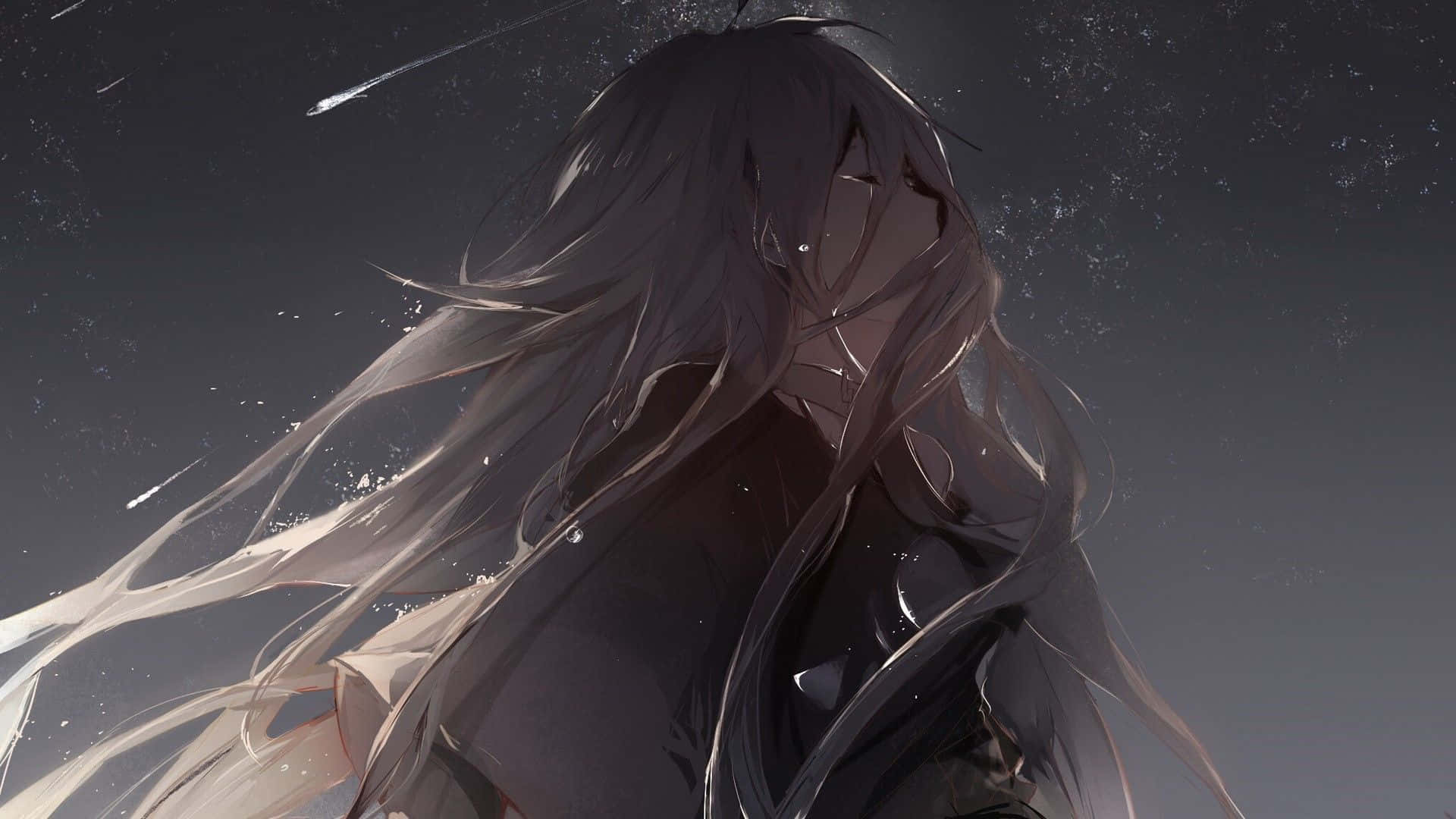 Anime-tyttö pitkillä hiuksilla lumisella tähtitaivaalla — Kometti Taustakuvat
