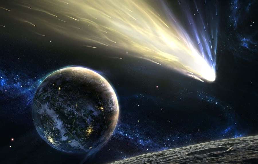 A comet streaks past a planet with glowing city lights in a starry night sky. — Comet Wallpaper