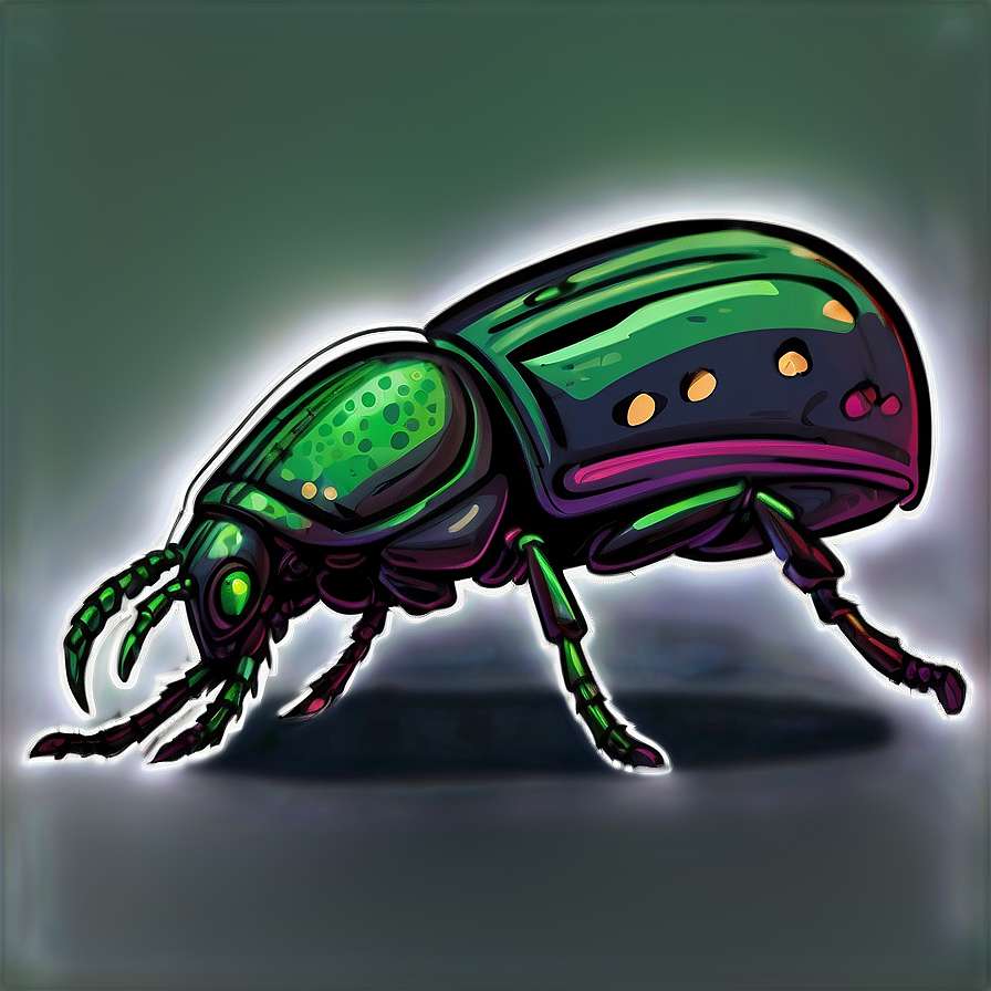 A glowing neon green beetle with purple highlights on a dark background. — Comic Book PNG