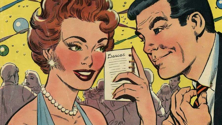 Un hombre y una mujer sonrientes en un baile de los años 50 sosteniendo un folleto de baile. — Cómic Retro Fondos de pantalla