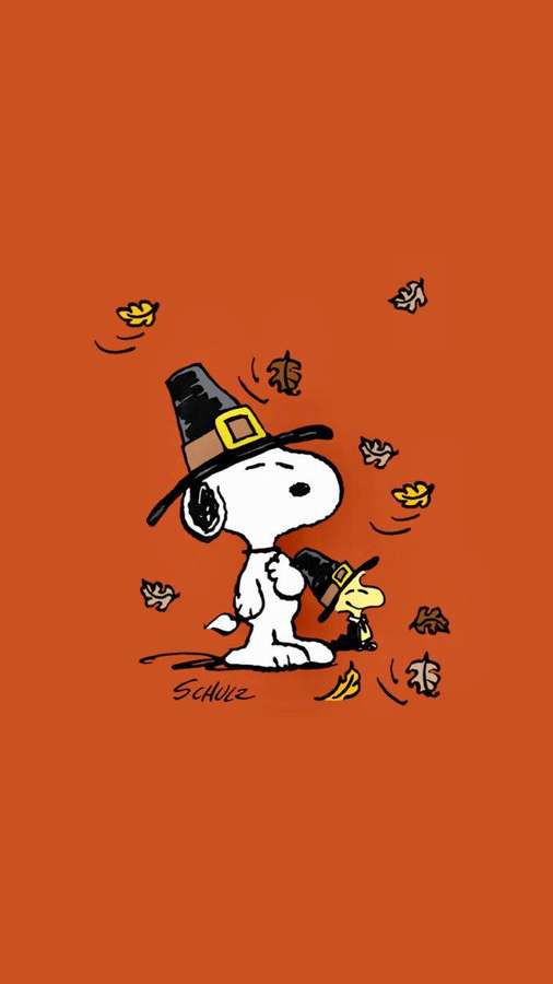 Snoopy and Woodstock in pilgrim hats with falling leaves on orange background — Comics Picture