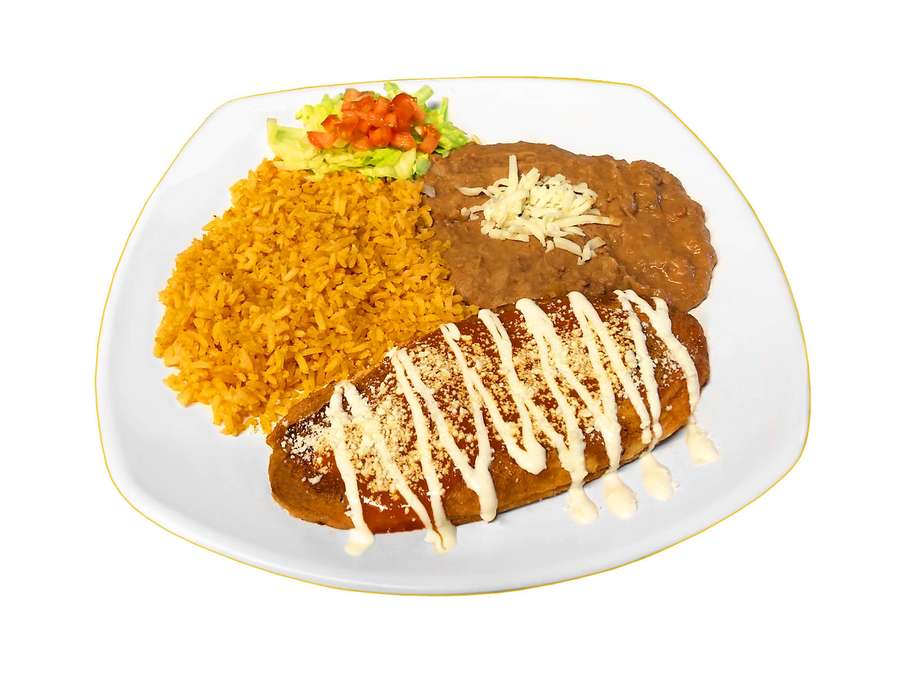 Enchilada con arroz, frijoles y pico de gallo en un plato blanco. — Comida Mexicana Fondos de pantalla