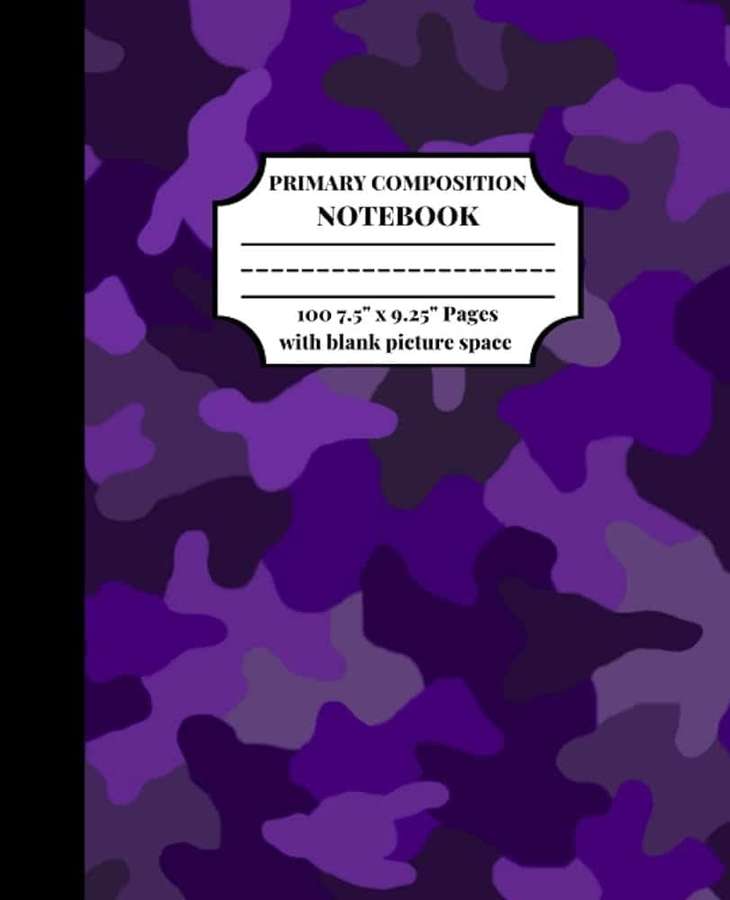 Purple camouflage notebook with white label for primary composition with blank picture space. — Composition Notebook Wallpaper