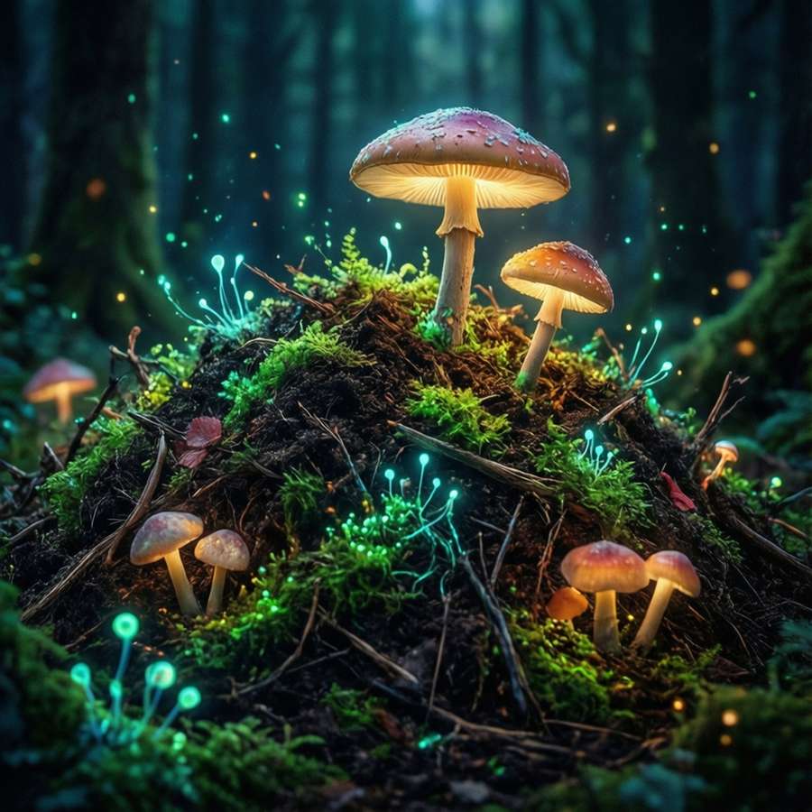 A mystical compost pile in a forest with glowing mushrooms and bioluminescent spores. — Compost Picture