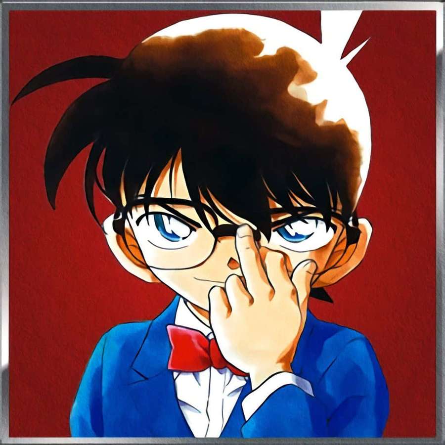 Anime detective boy in blue suit and red bowtie covering mouth thoughtfully. — Conan Edogawa Wallpaper