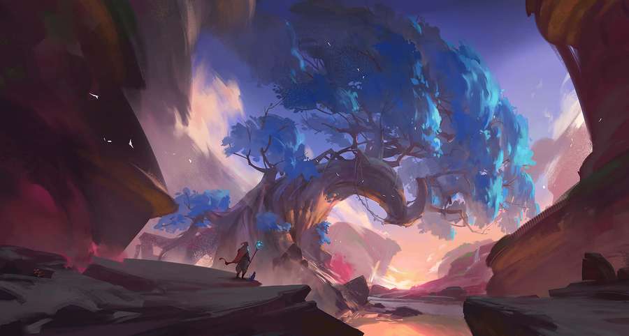 A lone adventurer stands under a giant blue tree in a colorful canyon at sunset. — Conceptual Art Wallpaper