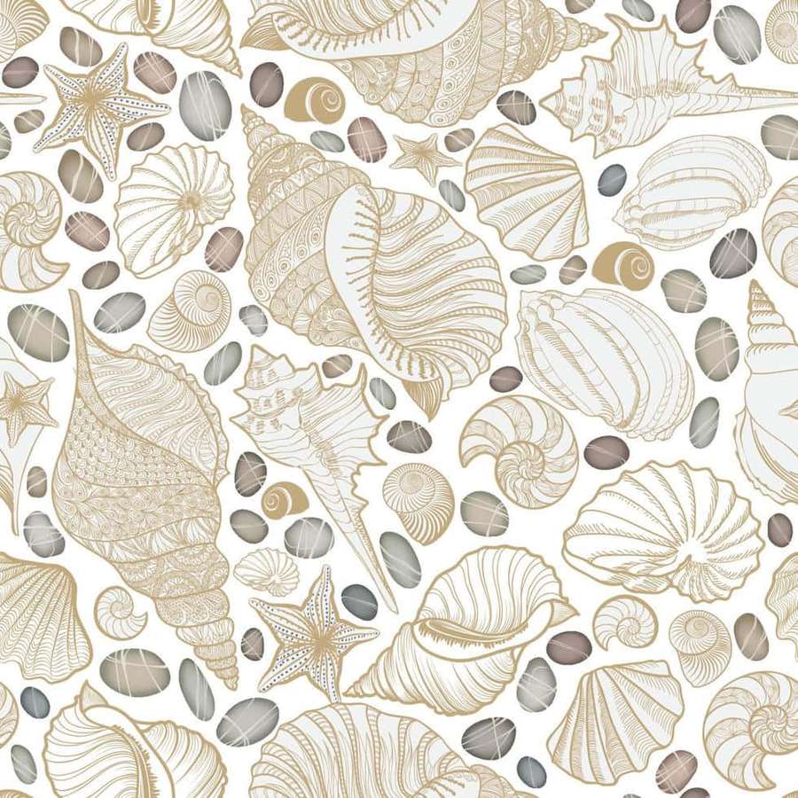Padrão decorativo de conchas, estrelas-do-mar e seixos em tons de dourado e cinza. — Concha Papéis de Parede