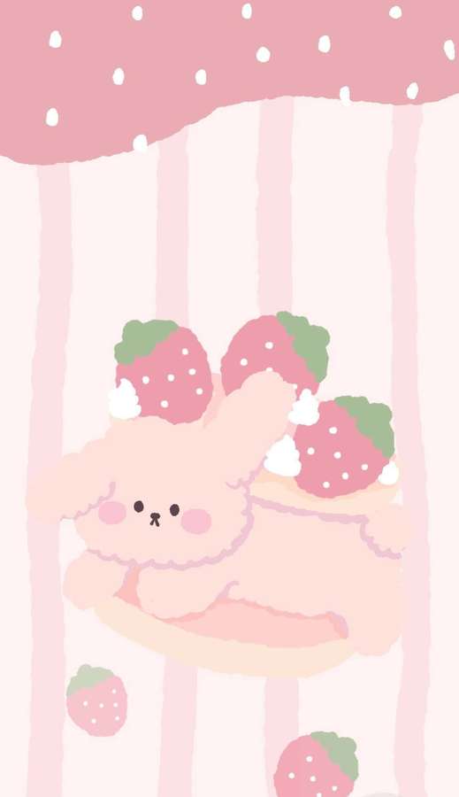 Un conejo rosa con orejas de fresa columpiándose bajo un dosel rosa con fresas. — Conejo rosa Fondos de pantalla