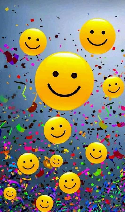 Globos amarillos flotantes con caritas sonrientes y confeti de colores cayendo. — Confeti Fondos de pantalla