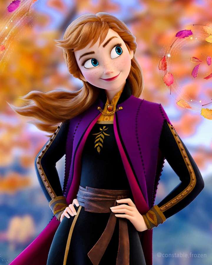 Anna de Frozen sonriendo con hojas otoñales arremolinándose a su alrededor. — Congelado Fondos de pantalla