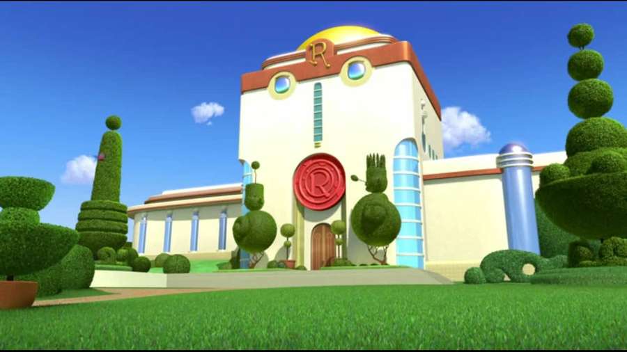 Um edifício estilo cartoon com arbustos verdes bem cuidados e um emblema vermelho sob um céu ensolarado. — Conheça os robinsons Papéis de Parede