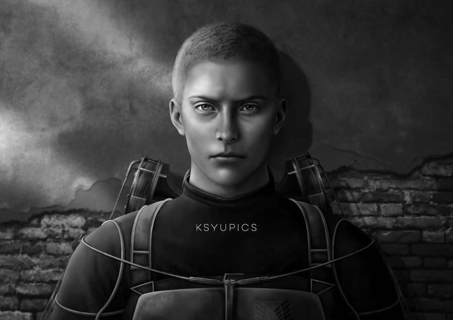 A young soldier in armor stands solemnly before a broken brick wall under a stormy sky. — Connie Springer Wallpaper