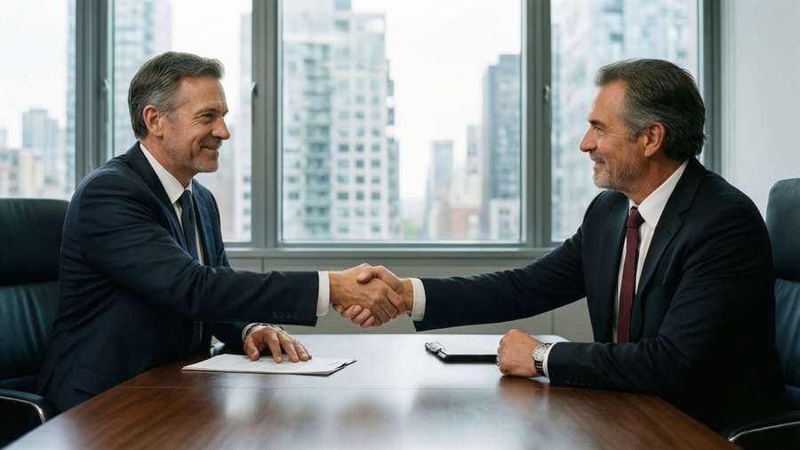 Two executives shaking hands in a boardroom with city view, symbolizing a consensual business deal. — Consensual Picture