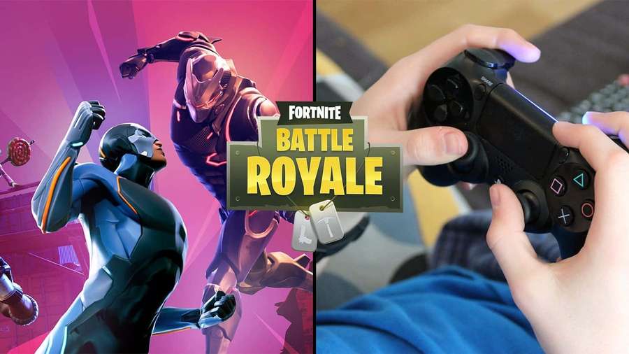 Fortnite Battle Royale game characters and player hands holding a controller. — Console Game Wallpaper