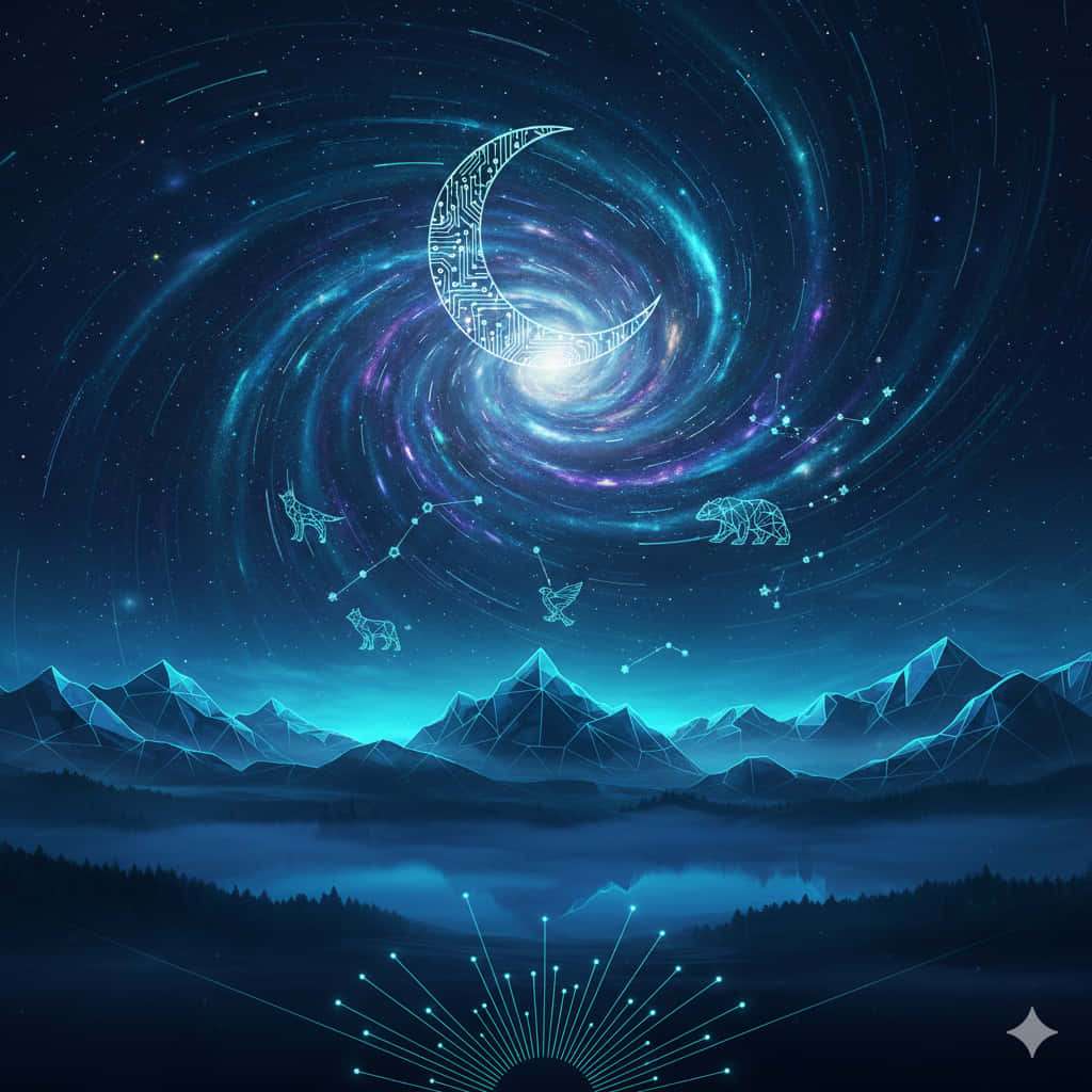 Geometric mountains under a glowing galaxy moon with constellations. — Constellations Picture