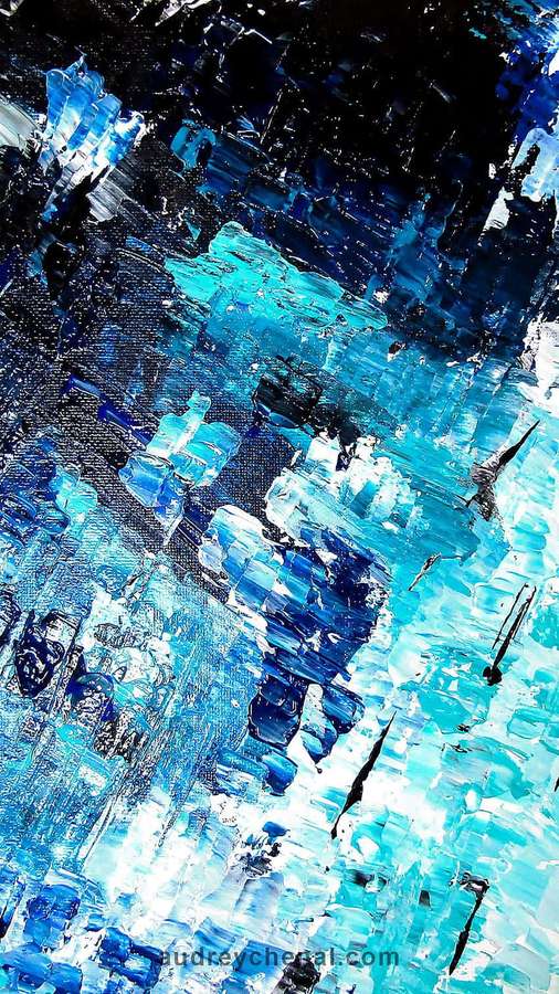 Abstract textured painting in shades of blue turquoise and white on black background. — Contemporary Wallpaper