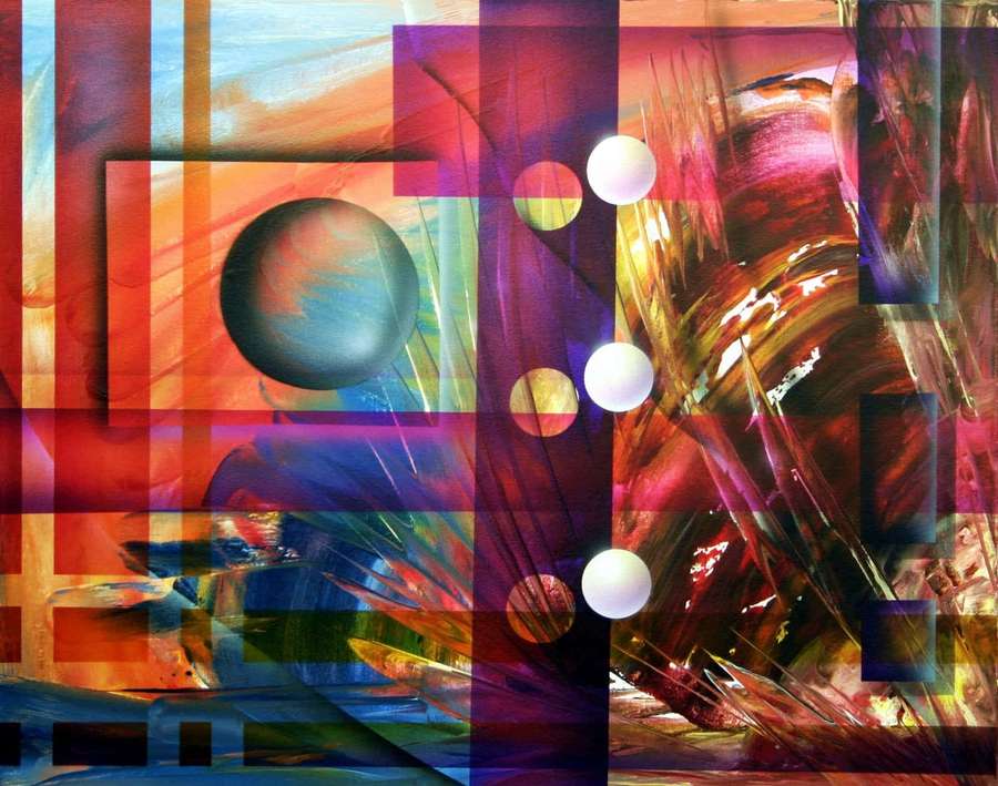 Abstract digital art with colorful geometric shapes and glowing orbs. — Contemporary Art Wallpaper