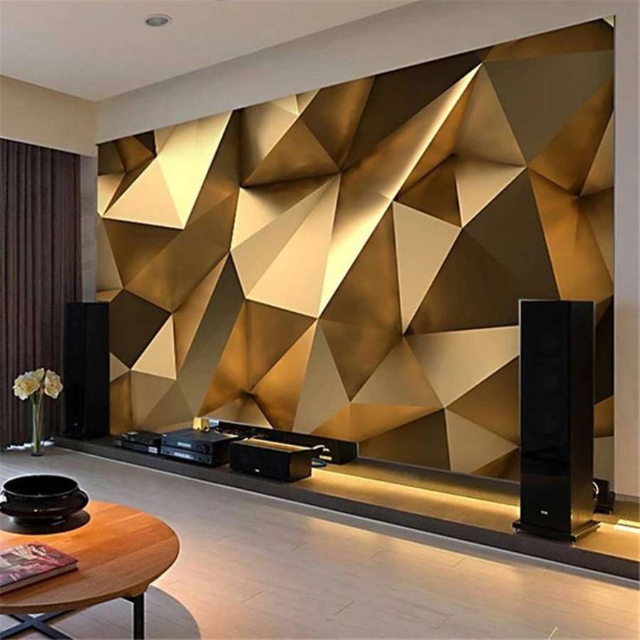 Luxury living room with gold geometric wallpaper and ambient lighting. — Contemporary Modern Wallpaper