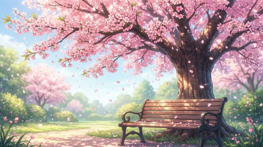 A tranquil bench under cherry blossoms, epitomizing contentment. — Contentment Picture