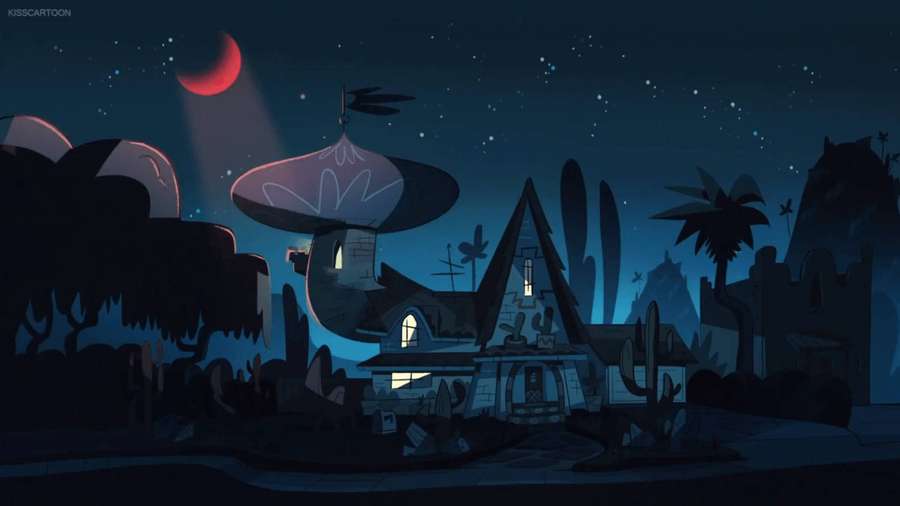 Uma casa de desenho animado assustadora em um deserto à noite sob uma lua vermelha. — Contexto de forças Papéis de Parede