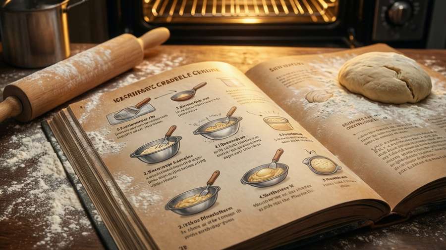Close-up cookbook page showing baking steps with dough and rolling pin. — Cookbook Picture