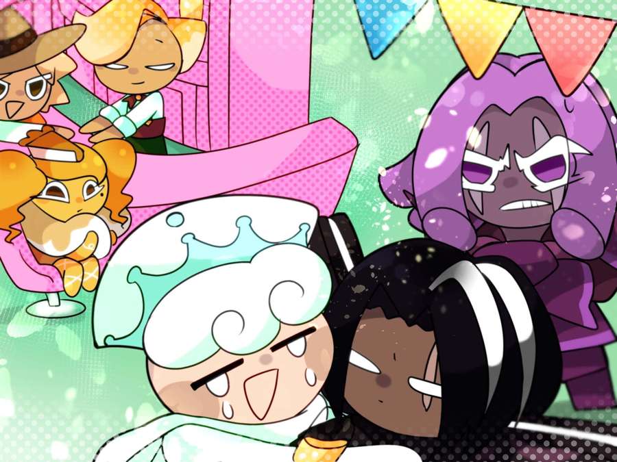 Anime characters at a colorful party with festive banners and expressive faces. — Cookie Run Background