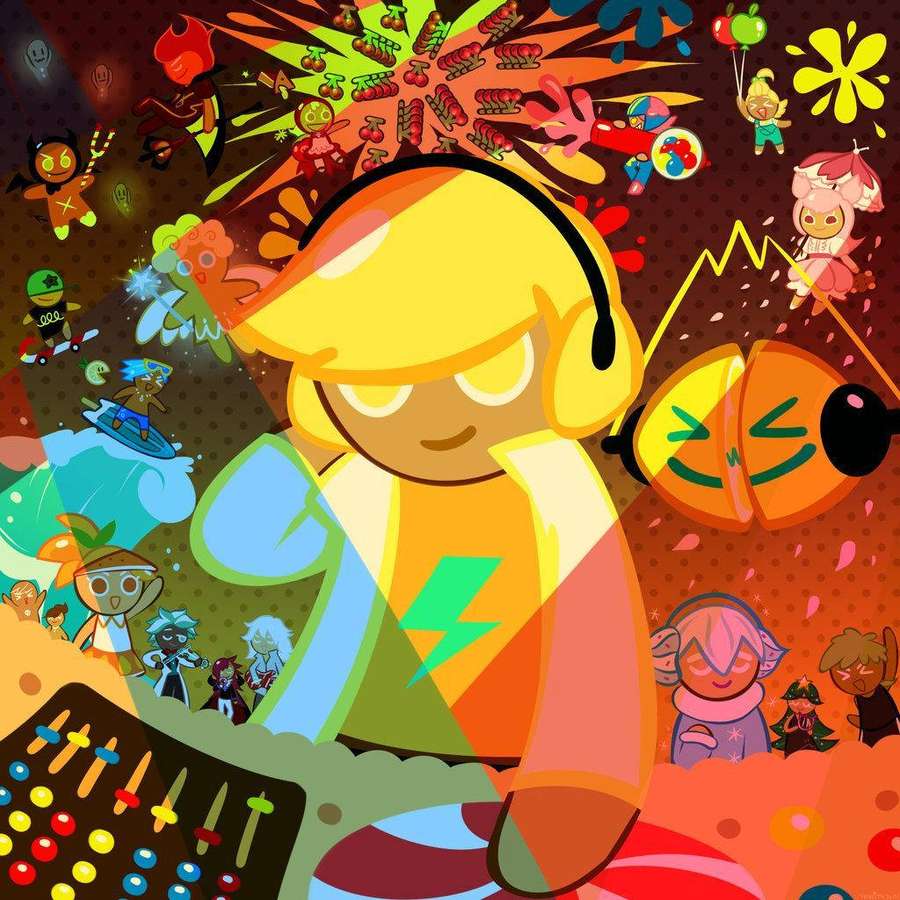 A cartoon character with headphones surrounded by colorful playful creatures and objects. — Cookie Run Kingdom Wallpaper