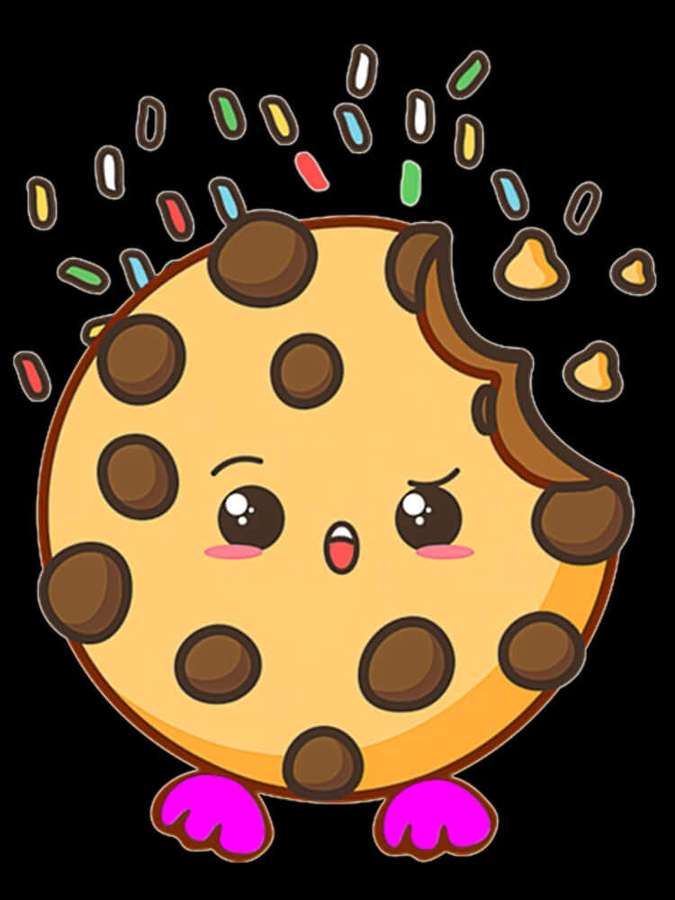 Sarjakuvakeksi vaaleanpunaisilla jaloilla ja suklaahipuilla näyttää yllättyneeltä, kun nonparellit lentävät sen ympärillä. — Cookie Swirl C Taustakuvat