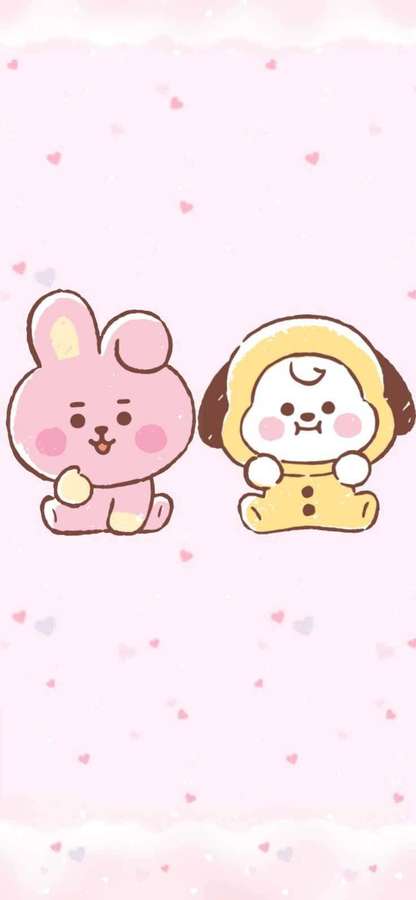 Two adorable cartoon animals a pink bunny and a yellow puppy sitting together with hearts floating around. — Cooky Bt21 Background