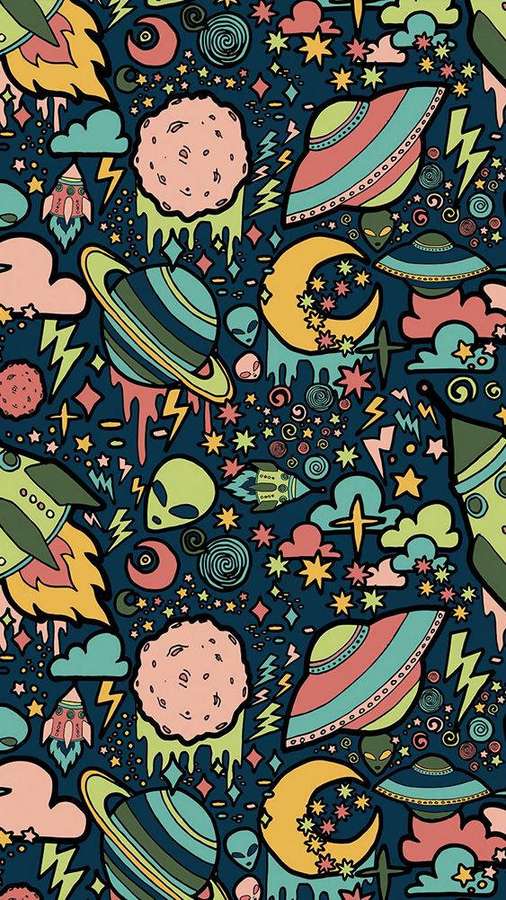 Värikäs avaruus-doodle-kuvio, jossa on avaruusolentoja, raketteja ja planeettoja. — Cool Alien Taustakuvat