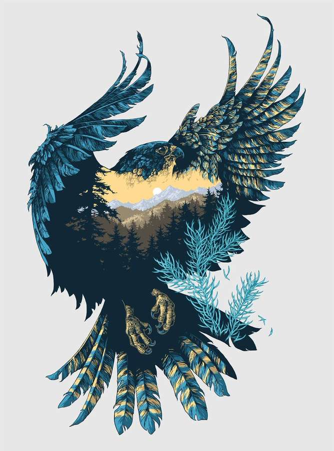 Eagle with mountain forest inside its body, blue and gold feathers, artistic illustration. — Cool Android Wallpaper