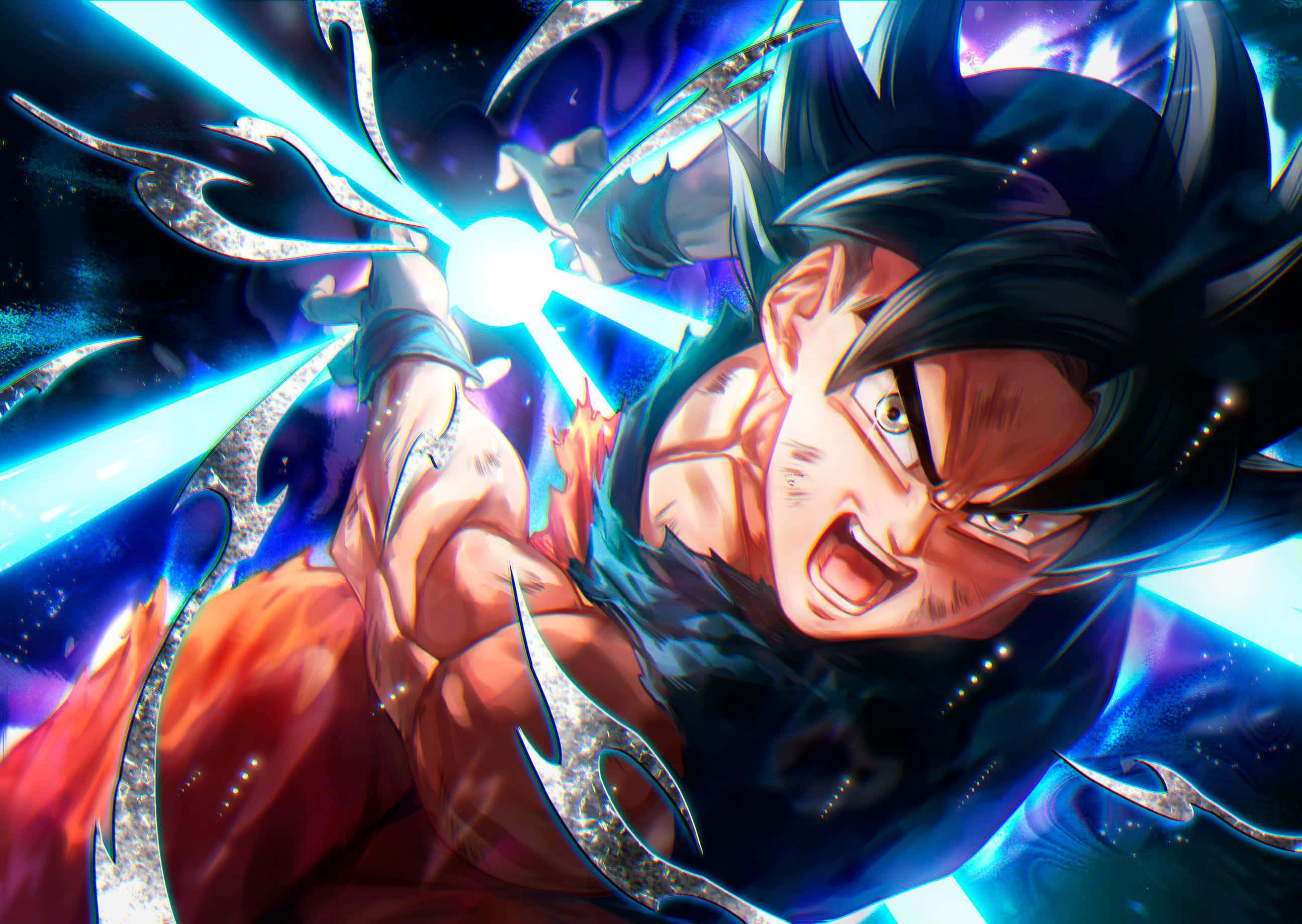 Anime character unleashing a powerful blue energy blast in space. — Cool Anime Background