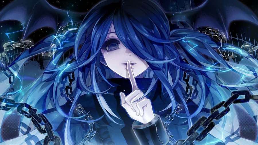 Garota de anime de cabelo azul com correntes e energia elétrica segurando o dedo nos lábios. — Cool Anime Blue Papéis de Parede