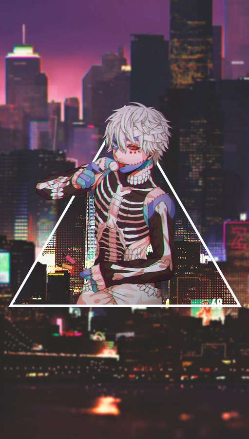 Anime skeleton character in neon city at dusk — Cool Anime Boy Pfp Wallpaper
