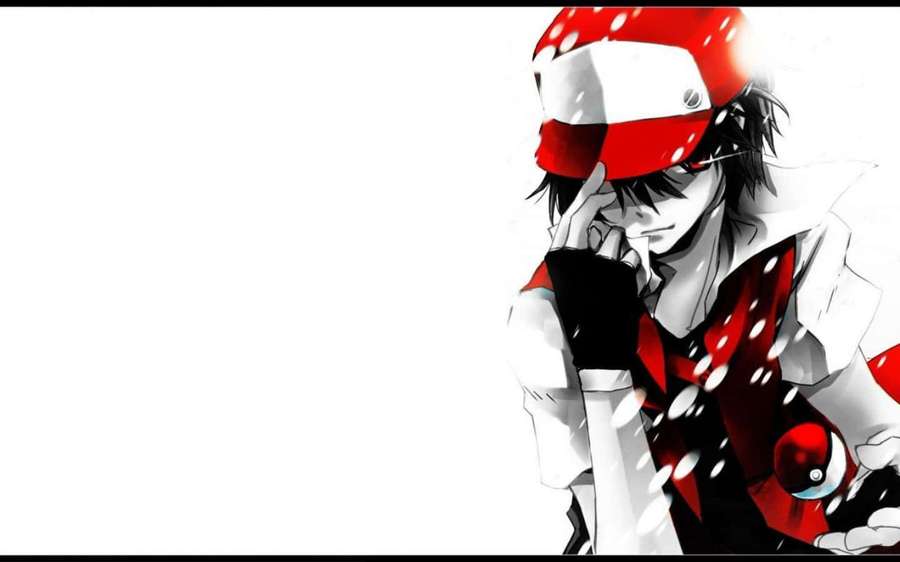 Anime boy in red cap holding Poké Ball in snowy scene — Cool Anime Character Wallpaper