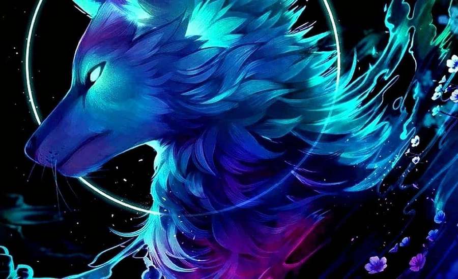 A glowing blue and purple wolf with flowing fur in a cosmic scene with floating flowers. — Cool Blue Wolf Wallpaper