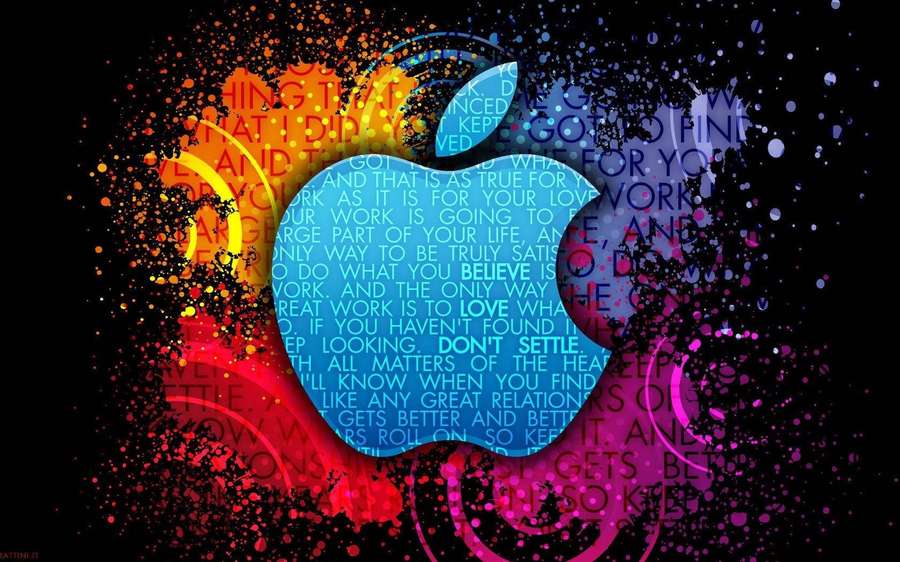 Bunte Farbspritzer umgeben ein leuchtendes Apple-Logo gefüllt mit motivierenden Zitaten. — Cool Bunt Wallpaper