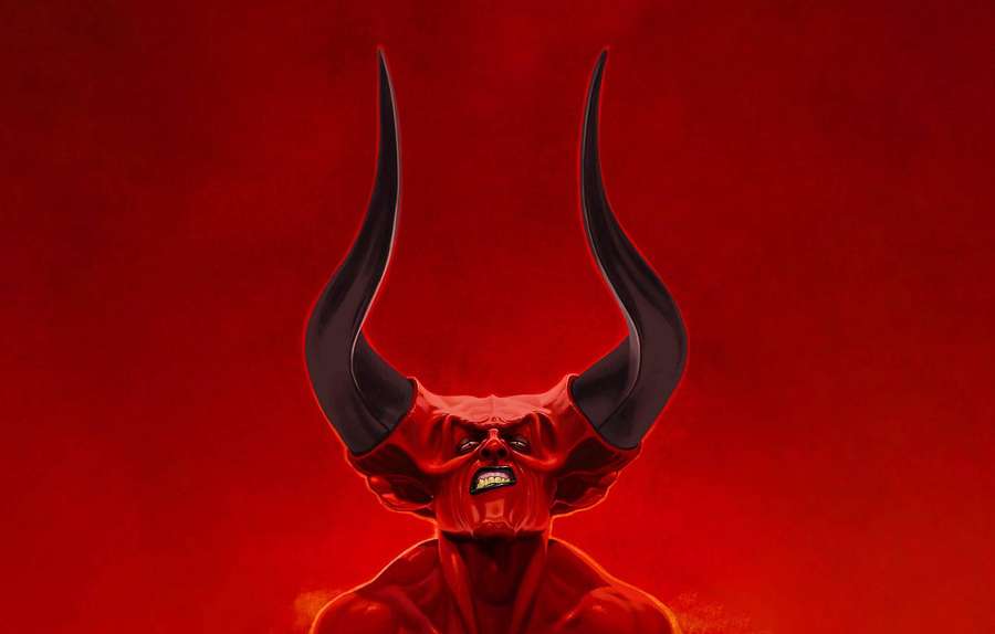 Red demon with black horns roaring against a red background. — Cool Devil Wallpaper