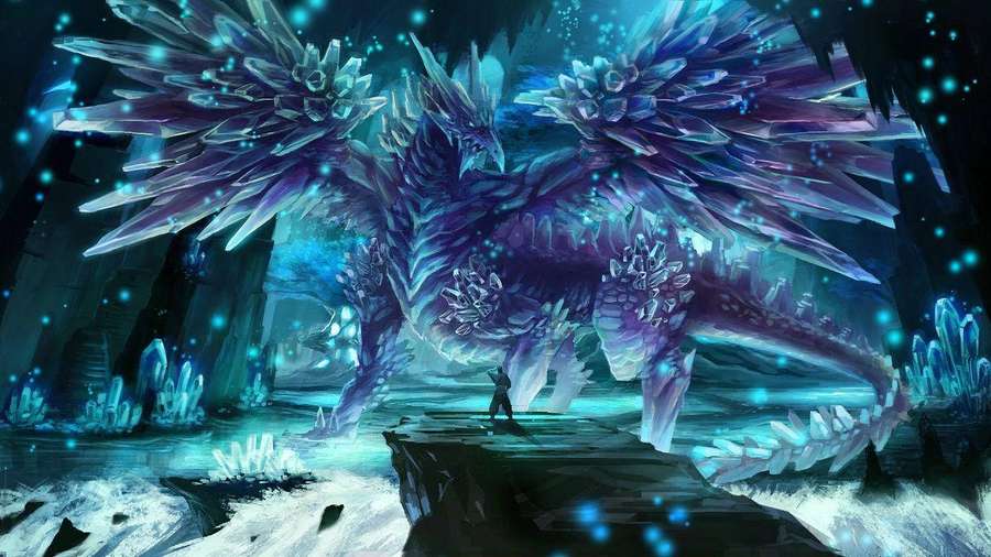 A tiny person faces a giant glowing crystal dragon in an icy cavern. — Cool Dragon Background