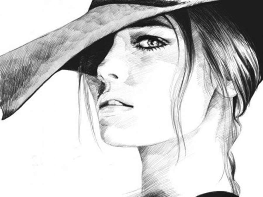 Close-up pencil drawing of a woman wearing a wide-brimmed hat with a serious expression. — Cool Drawing Wallpaper
